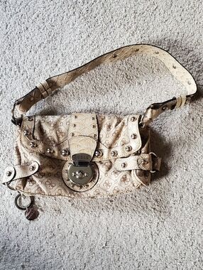 GUESS Beige Logo-Print Shoulder Bag with Stud and Turnlock Detail